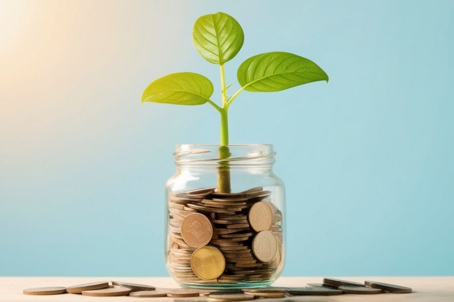 coin jar with plant growing out of it